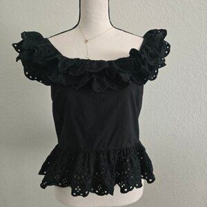 Express Black Cotton Eyelet Lace Ruffle Peplum Top L Open Back Romantic Evening